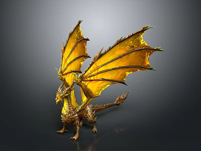 3D Golden Dragon Sculpture With Yellow Wings And Intricate Scales Design 3d model