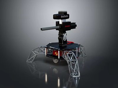 Black Robot With Mechanical Arm And Metal Frame Structure On Gray Reflective Surface 3d model