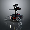 Black Robot With Mechanical Arm And Metal Frame Structure On Gray Reflective Surface