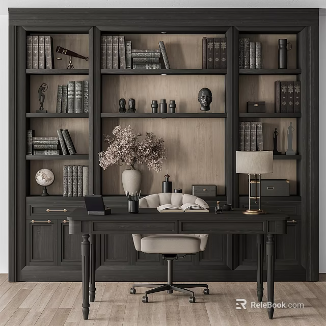 Modern Study Room Dark Desk and Light Chair Set With Table Lamp And Bookshelves 3d model 