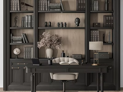Modern Study Room Dark Desk and Light Chair Set With Table Lamp And Bookshelves 3d model
