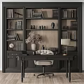 Modern Study Room Dark Desk and Light Chair Set With Table Lamp And Bookshelves