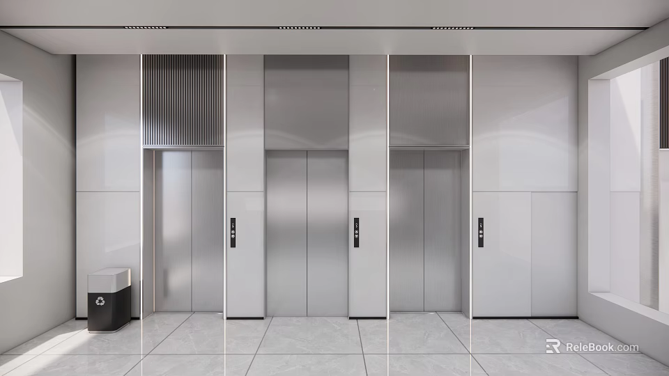 Modern Elevator Lobby With Three Silver Elevators White Walls And Sleek Floor 3d model 