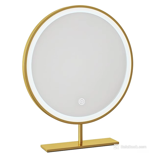 Round Mirror With Gold Frame And White Button On Gold Pole Base 3d model 
