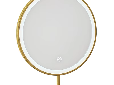 Round Mirror With Gold Frame And White Button On Gold Pole Base 3d model
