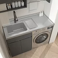 Home Balcony Interior With Dark Gray Cabinets Washing Machine Faucet Sink And Curtains