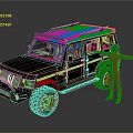 Black Off Road Vehicle With Roof Rack And Large Tires Beside Red Suit Figure