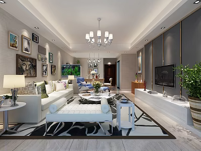 Modern Living Room Interior With White Sofa Chandelier TV Wall Rug And Green Plant 3d model