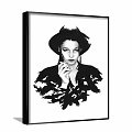 Black and White Portrait of a Woman Wearing a Hat Smoking With Feathered Coat