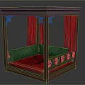 Chinese Style Wooden Frame Double Bed With Red Curtains And Carved Details