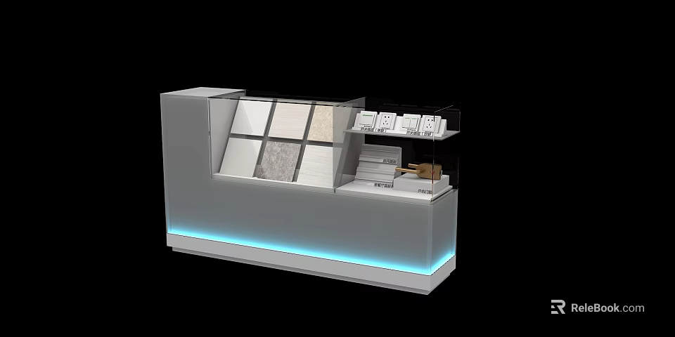 Modern Display Shelf With Glass Sections Slanted Sample Panels Blue LED Lighting For Retail 3d model 