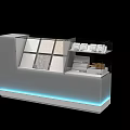 Modern Display Shelf With Glass Sections Slanted Sample Panels Blue LED Lighting For Retail