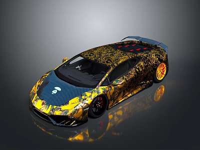 Yellow and Black Camouflage Super Sports Car With Red Roof Lights And Yellow Wheels 3d model