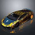 Yellow and Black Camouflage Super Sports Car With Red Roof Lights And Yellow Wheels
