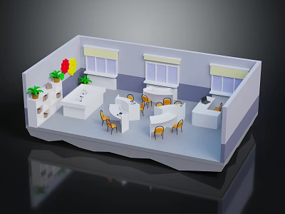 Modern Office Interior With Desks Chairs Potted Plants And Window Shades 3d model