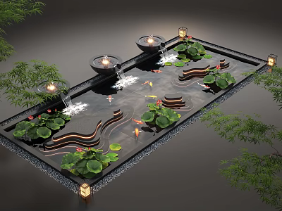 Tranquil Water Fountain Featuring Lotus Leaves Koi Fish And Flowing Water 3d model