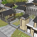 Traditional Style Commercial Street With Stone Paved Path Green Plants And Pedestrians