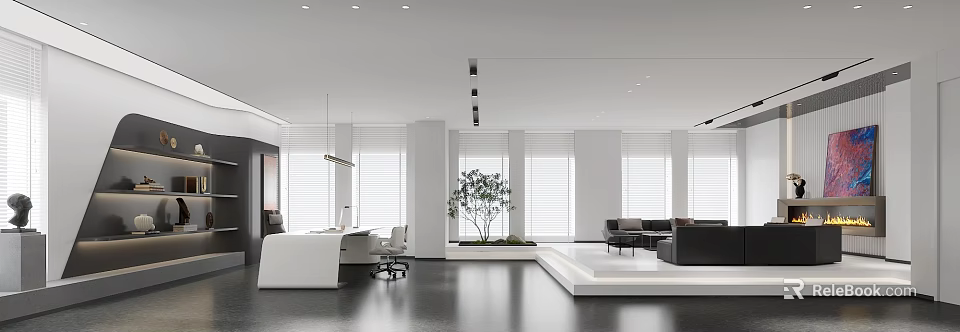 Modern Open Office Interior With Large Windows White Desk Black Sofa And Green Plant 3d model