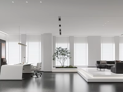 Modern Open Office Interior With Large Windows White Desk Black Sofa And Green Plant 3d model