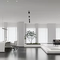 Modern Open Office Interior With Large Windows White Desk Black Sofa And Green Plant 3d model