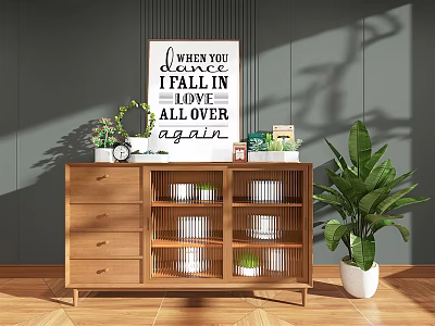 Wooden Sideboard with Drawers Glass Door Cabinets and Decorative Sign Plants Clock on Gray Wall 3d model