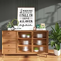 Wooden Sideboard with Drawers Glass Door Cabinets and Decorative Sign Plants Clock on Gray Wall