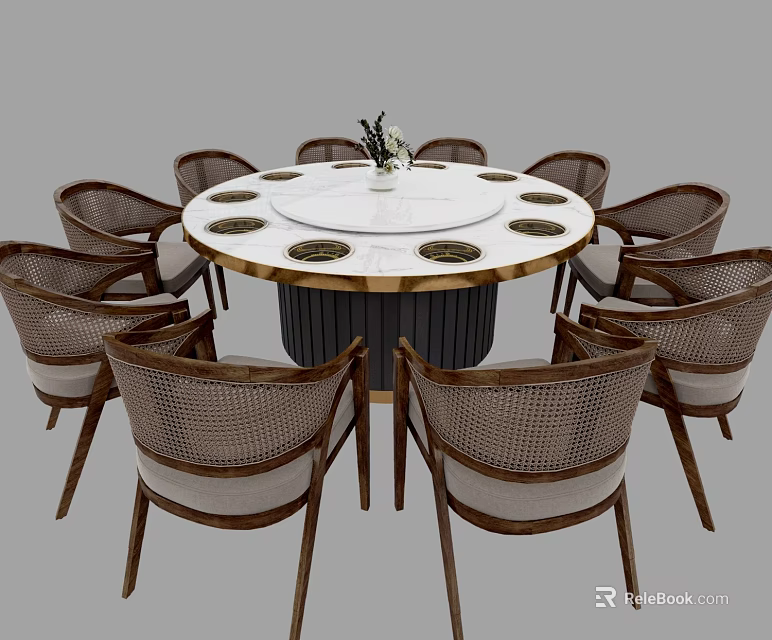 Round Dining Table Set with Marble Top and Rattan Chairs 3d model 