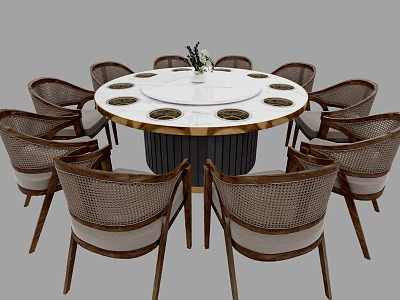 Round Dining Table Set with Marble Top and Rattan Chairs 3d model