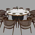 Round Dining Table Set with Marble Top and Rattan Chairs 3d model