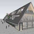 Modern Triangular Roof Building With Glass Windows Staircase Terrace ADU Sign And Pedestrians