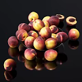 Fresh Ripe Peaches with Halved Slices on Glass Plate Over Black Reflective Surface