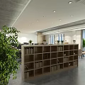 Modern Public Office Space With Wooden Desks Black Chairs Laptops And Green Plants