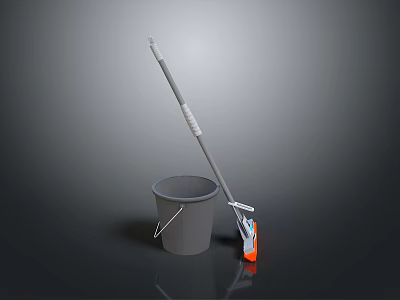 Gray Cleaning Mop With Long Handle And Plastic Bucket For Home Use 3d model