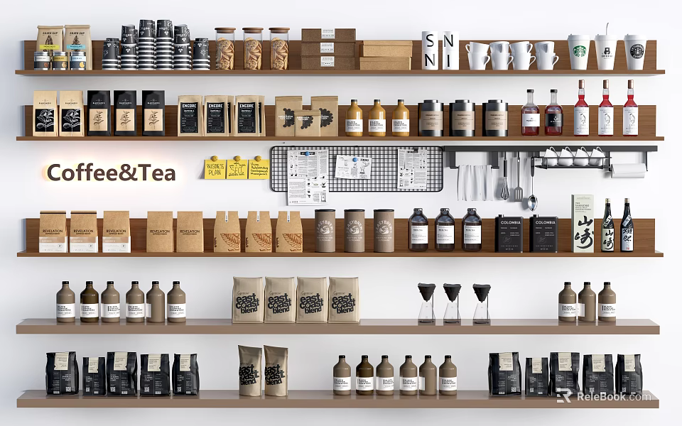 Coffee And Tea Product Shelf Display With Various Bottles Cups And Packaging 3d model