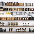 Coffee And Tea Product Shelf Display With Various Bottles Cups And Packaging 3d model