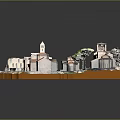 Architectural Model of Traditional Village Buildings with Red Tiled Roofs Tower and Green Trees