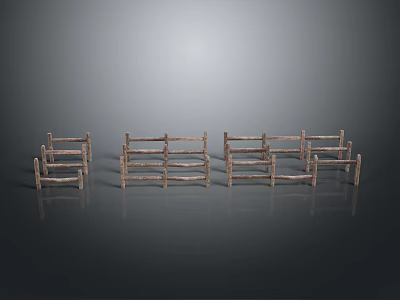 Rural Landscape Showcasing Neatly Arranged Multiple Wooden Fences On Reflective Gray Background 3d model