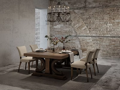 Rustic Dining Table Set With Wooden Table Cream Chairs Chandelier Brick Wall And Flower Arrangement 3d model