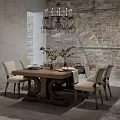 Rustic Dining Table Set With Wooden Table Cream Chairs Chandelier Brick Wall And Flower Arrangement