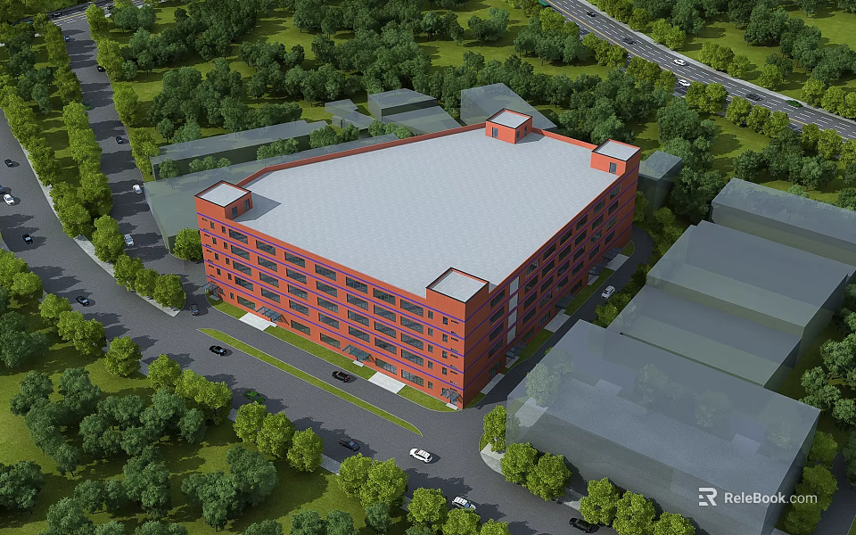 Modern Red Brick Multi Story Industrial Factory Building Surrounded By Greenery And Roads 3d model 