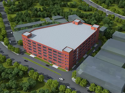 Modern Red Brick Multi Story Industrial Factory Building Surrounded By Greenery And Roads 3d model