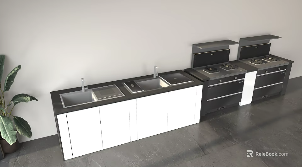 Modern Open Kitchen Interior With Sinks Cooktops And Kitchen Appliances 3d model