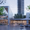 Modern Sales Office Building With High Rise Buildings Background Courtyard Trees And Seating Areas