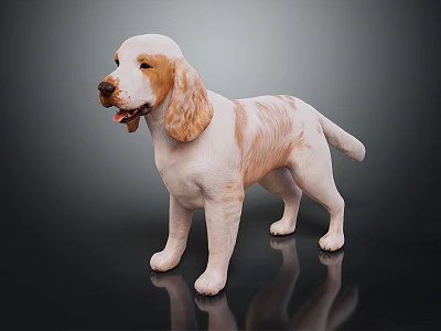 Cute White And Brown Dog Standing On Dark Surface With Reflection Against Gray Background 3d model