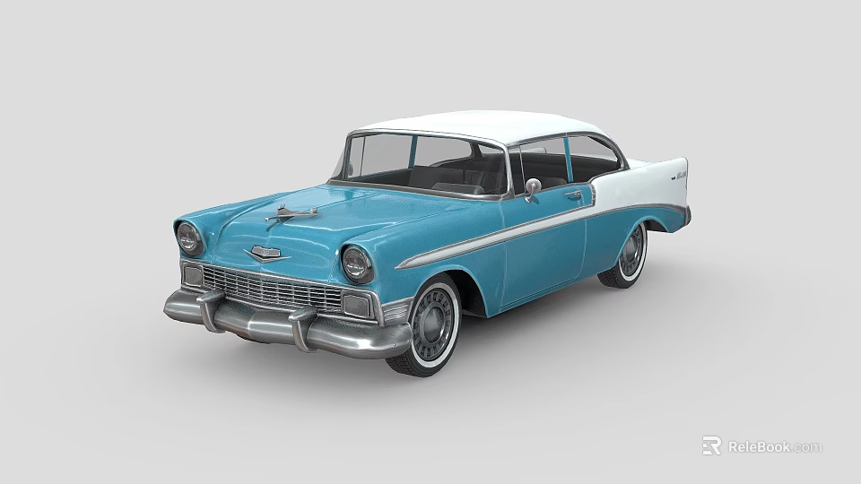 Blue And White Vintage Classic Car With Chrome Details And Retro Design 3d model 