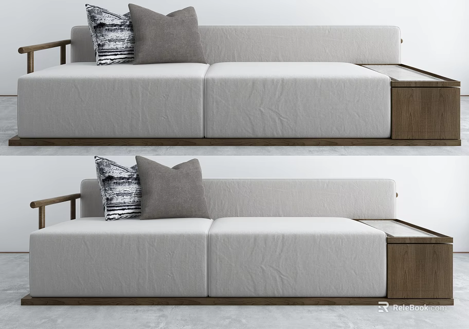 Modern Light Gray Sectional Sofa With Striped And Solid Accent Pillows And Wooden Armrests 3d model