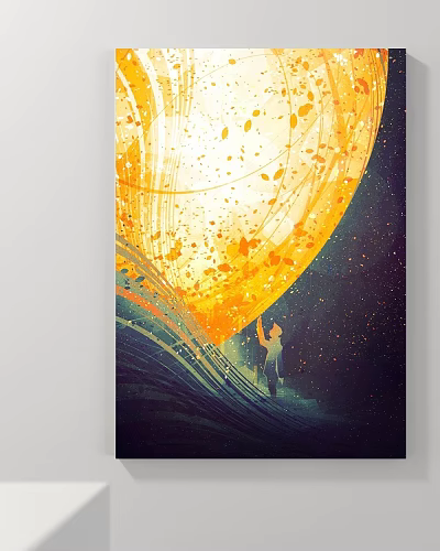 Abstract Painting With Yellow Glowing Circle Splattered Spots Human Figure Dark Background And Wavy Lines 3d model