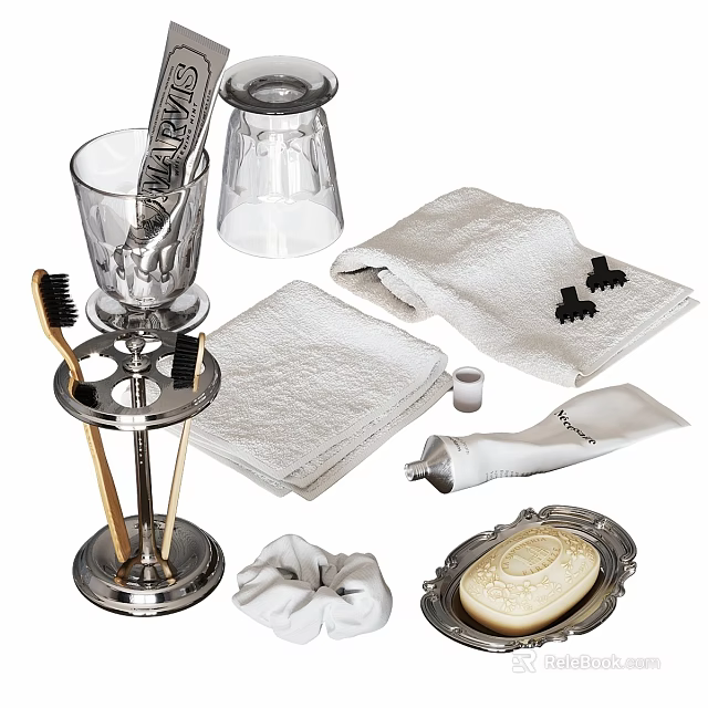 Household Washing Essentials Including Glass Cups Soap Dispensers White Towels Cleaning Brushes And Bar Soap 3d model 