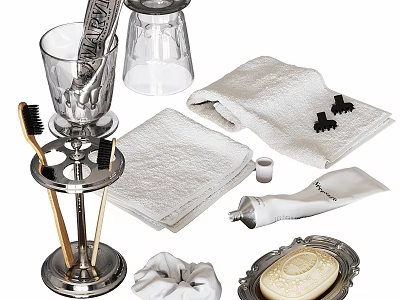 Household Washing Essentials Including Glass Cups Soap Dispensers White Towels Cleaning Brushes And Bar Soap 3d model