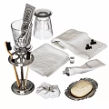 Household Washing Essentials Including Glass Cups Soap Dispensers White Towels Cleaning Brushes And Bar Soap